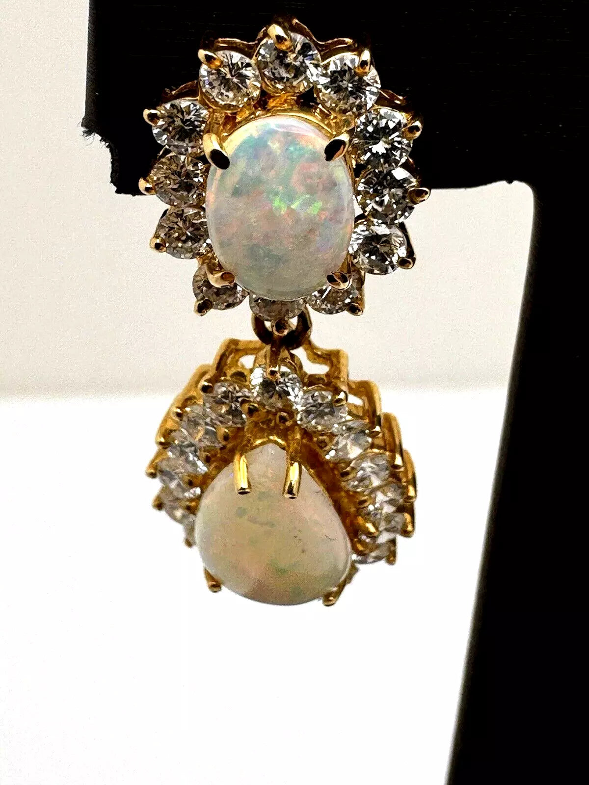 Vintage Estate 14k Yellow Gold Opal Pear Shape Tear Drop Earrings Diamond Halo