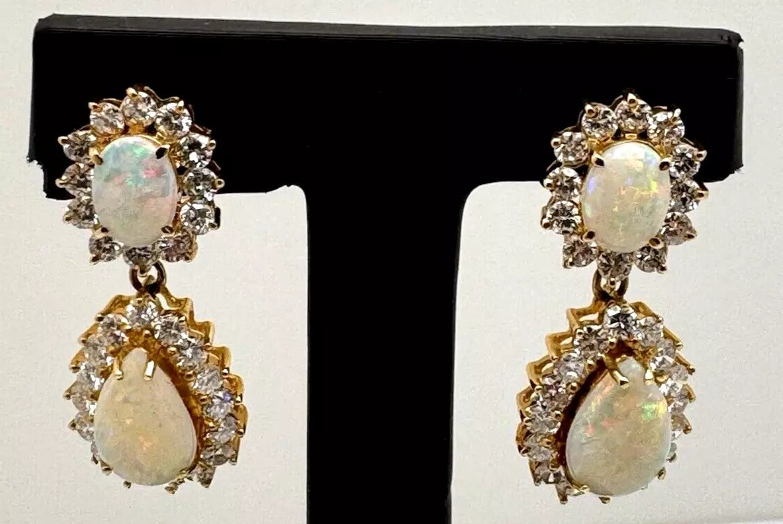 Vintage Estate 14k Yellow Gold Opal Pear Shape Tear Drop Earrings Diamond Halo