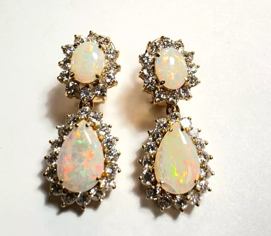 Vintage Estate 14k Yellow Gold Opal Pear Shape Tear Drop Earrings Diamond Halo