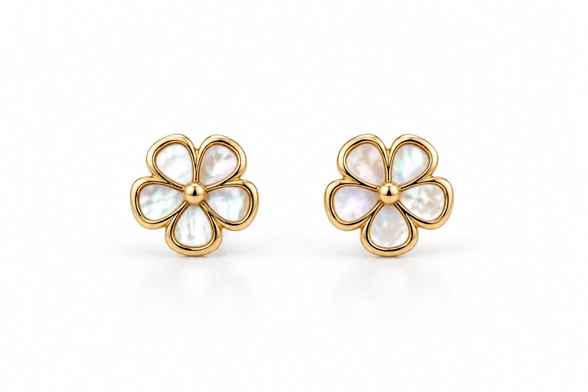14K Yellow Gold Children Mother-of-Pearl Flower Stud Earrings