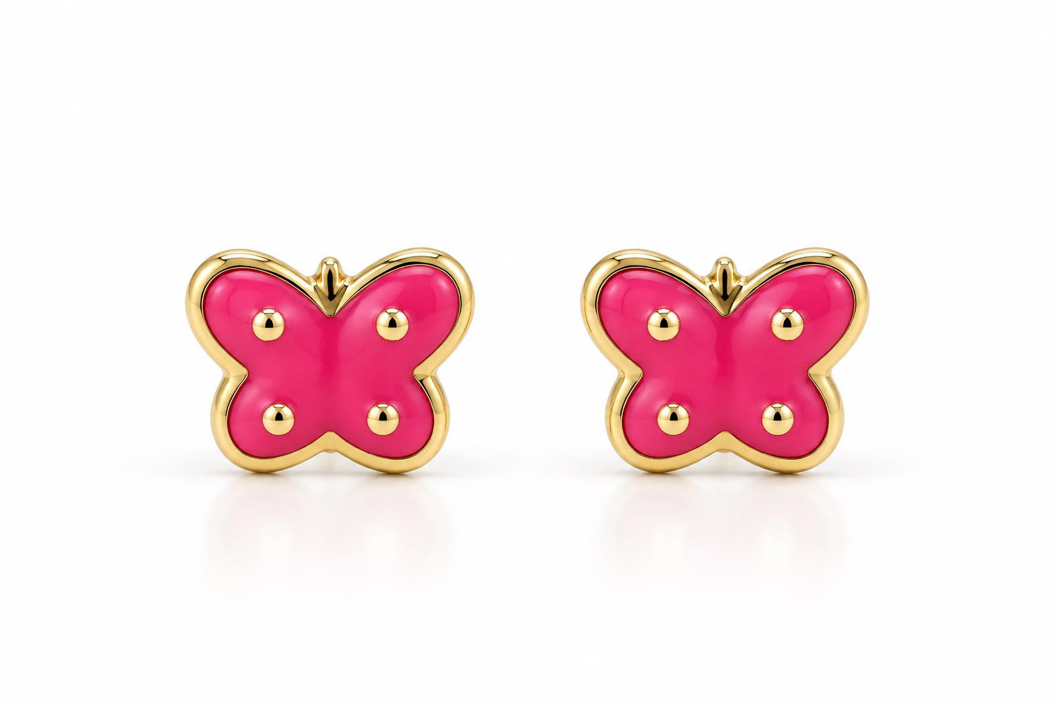 14K Yellow Gold Children Pink Enamel Butterfly Stud Earrings