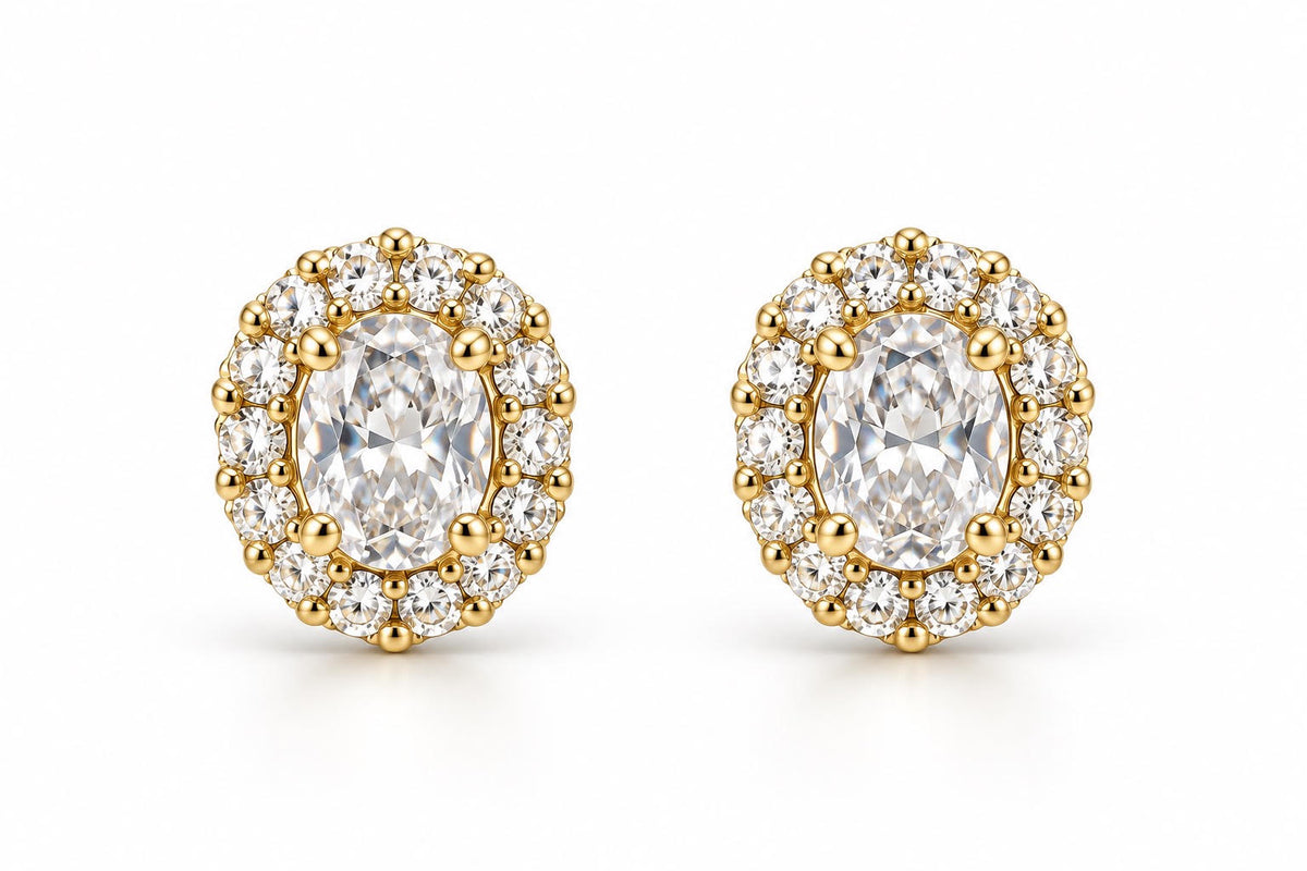 14K Yellow Gold Children Cubic Zirconia Oval Halo Stud Earrings