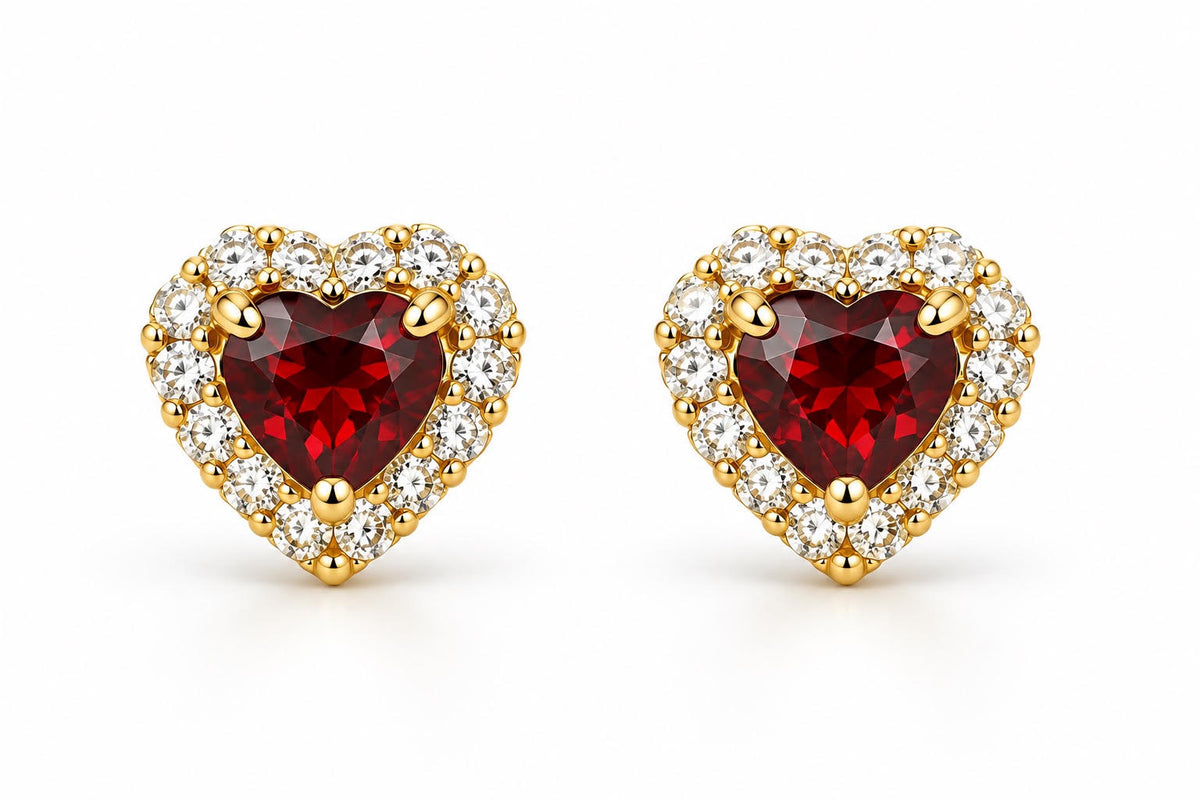 14K Yellow Gold Children Garnet Heart Halo Stud Earrings with CZ Accents