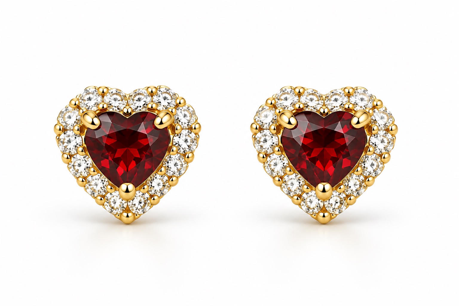 14K Yellow Gold Children Garnet Heart Halo Stud Earrings with CZ Accents