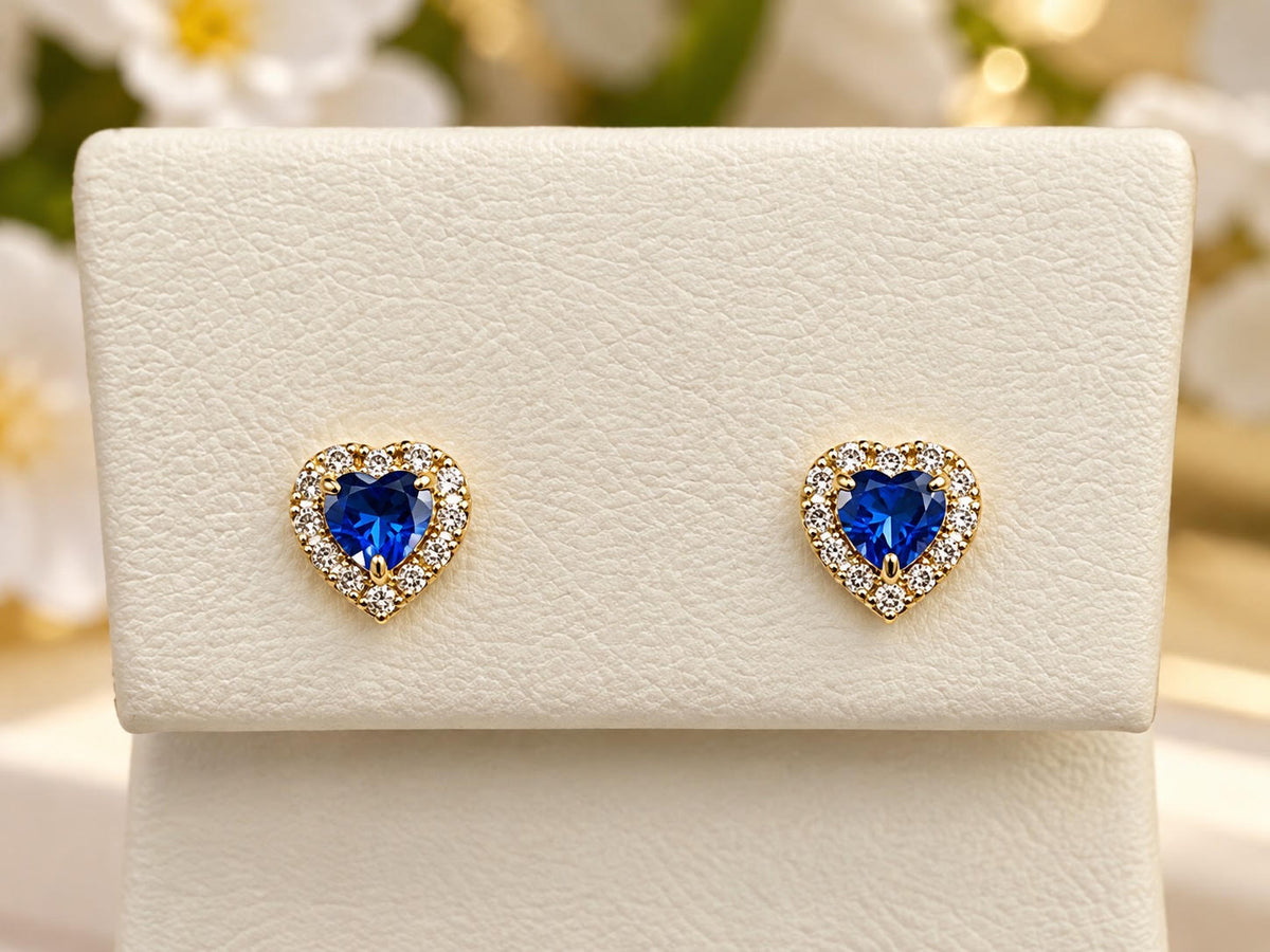 14K Yellow Gold Children Blue Cubic Zirconia Heart Halo Stud Earrings