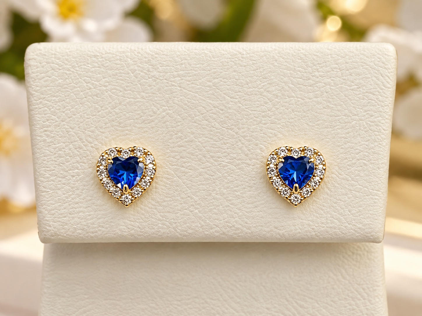 14K Yellow Gold Children Blue Cubic Zirconia Heart Halo Stud Earrings