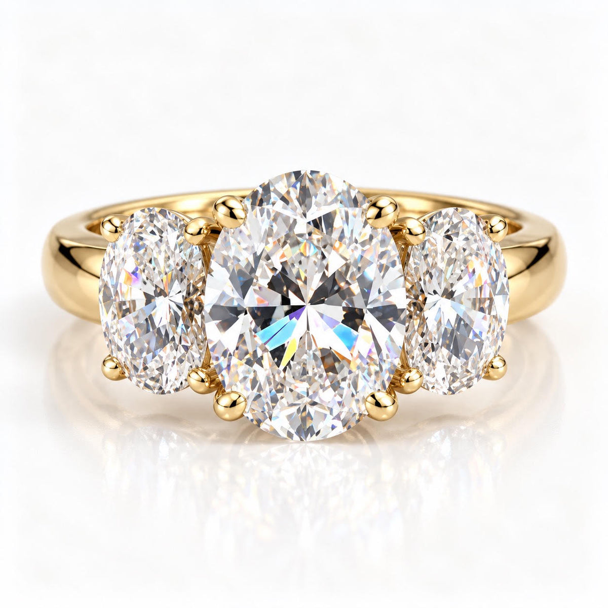 14K Yellow Gold 3-Stone Oval Diamond Ring 9x7mm Center 7x5mm Side Stones