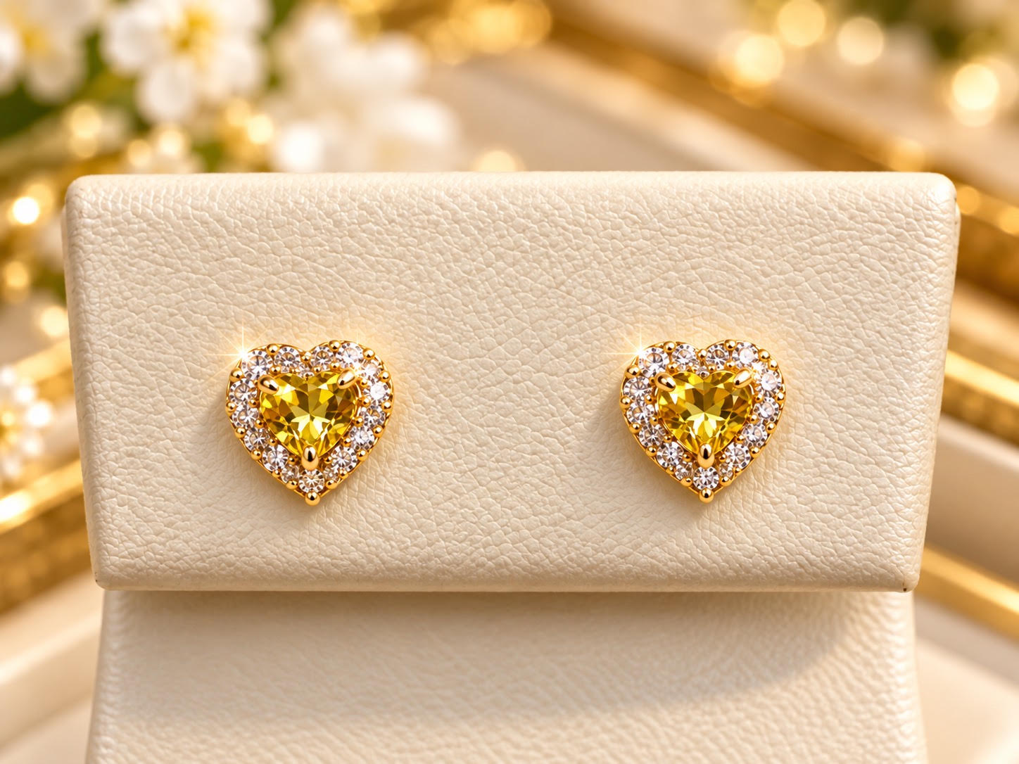 14K Yellow Gold Children Citrine Heart Halo Stud Earrings with Cubic Zirconia Accents – Screw Back