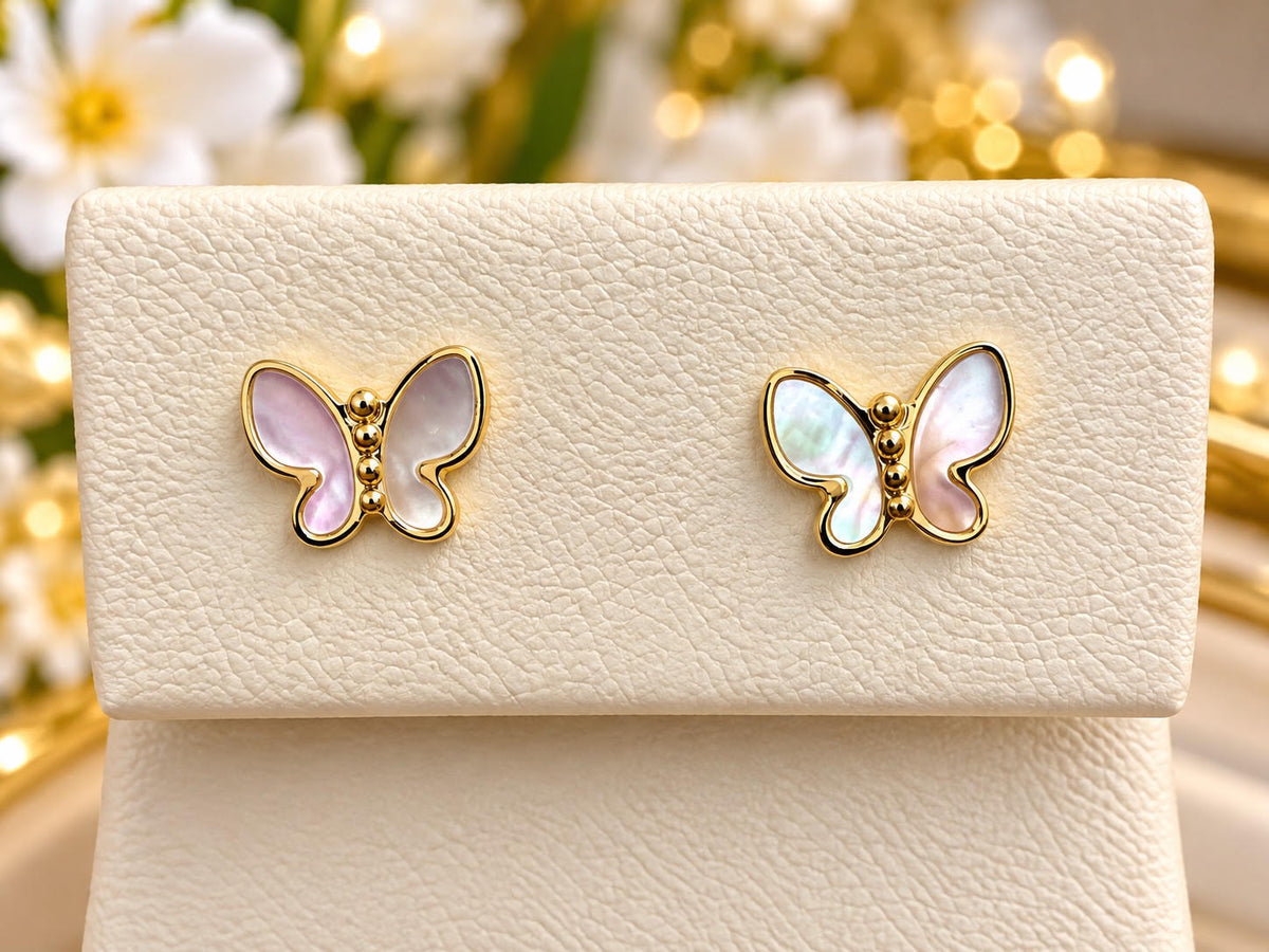 14K Yellow Gold Mother-of-Pearl Children Butterfly Stud Earrings – Elegant Iridescent Wings