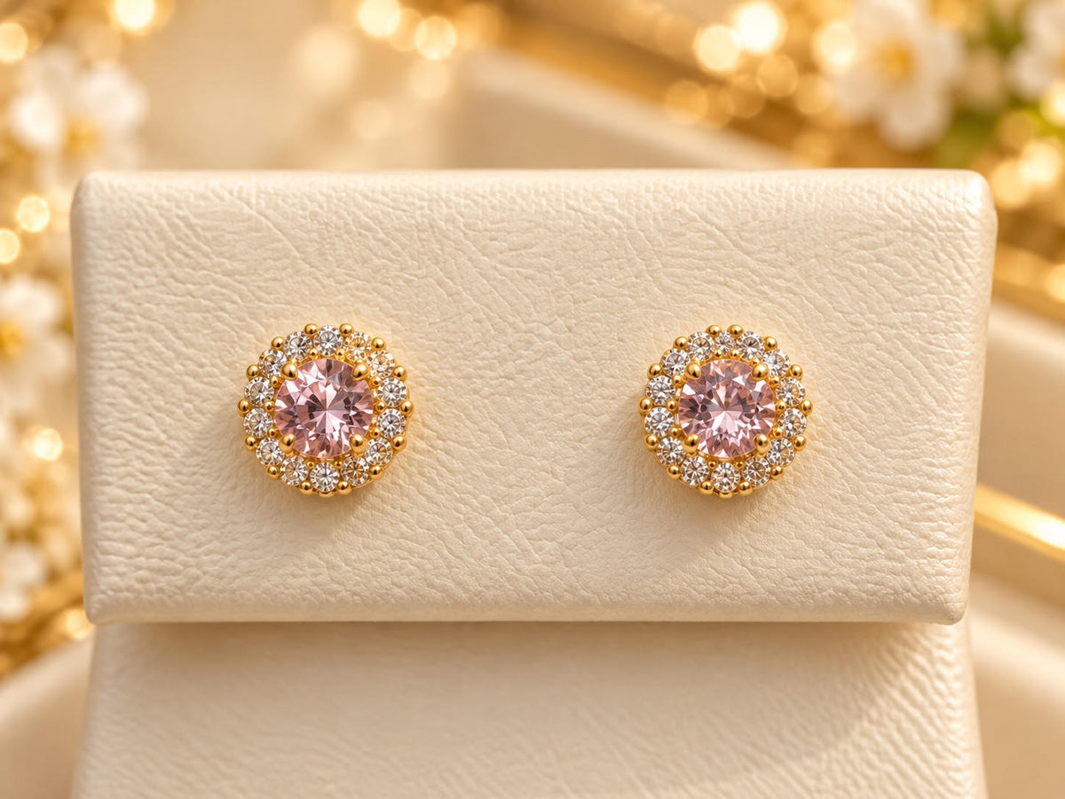14K Yellow Gold Pink Children Halo Stud Earrings – Elegant Sparkling Gemstone Earrings