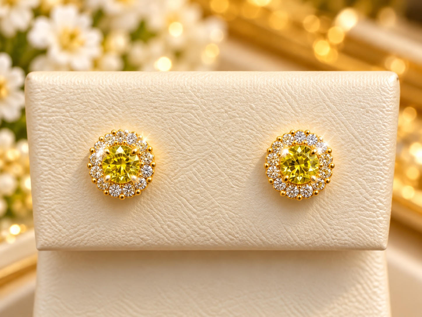 14K Yellow Gold Yellow Children Gemstone Halo Stud Earrings – Brilliant Sparkle & Timeless Elegance