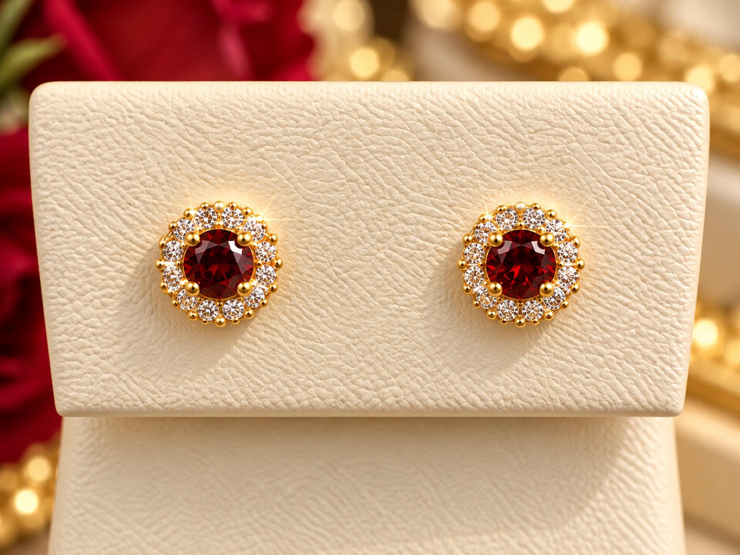14K Yellow Gold Children Garnet & CZ Halo Stud Earrings