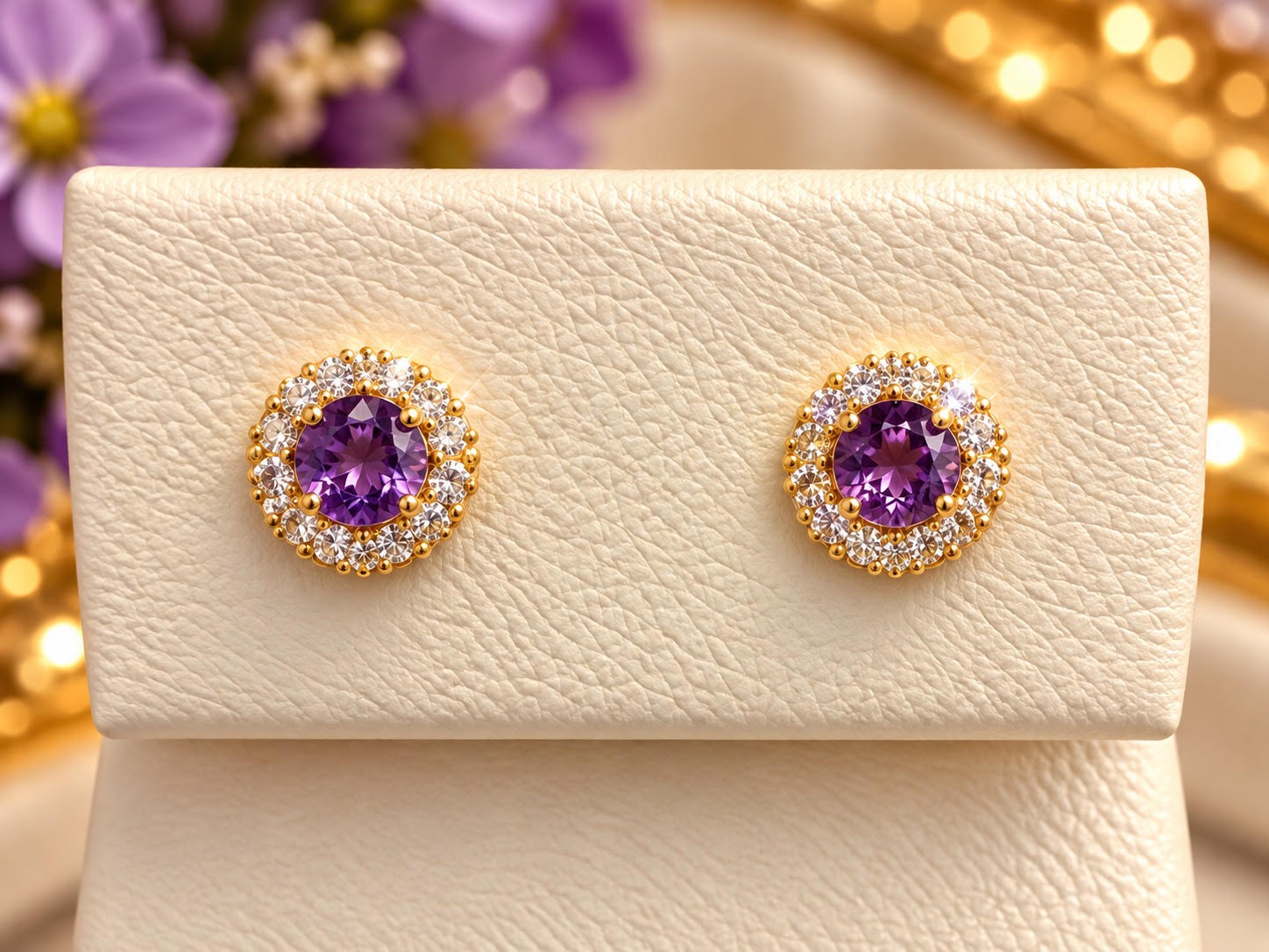 14K Yellow Gold Children Amethyst & CZ Halo Stud Earrings