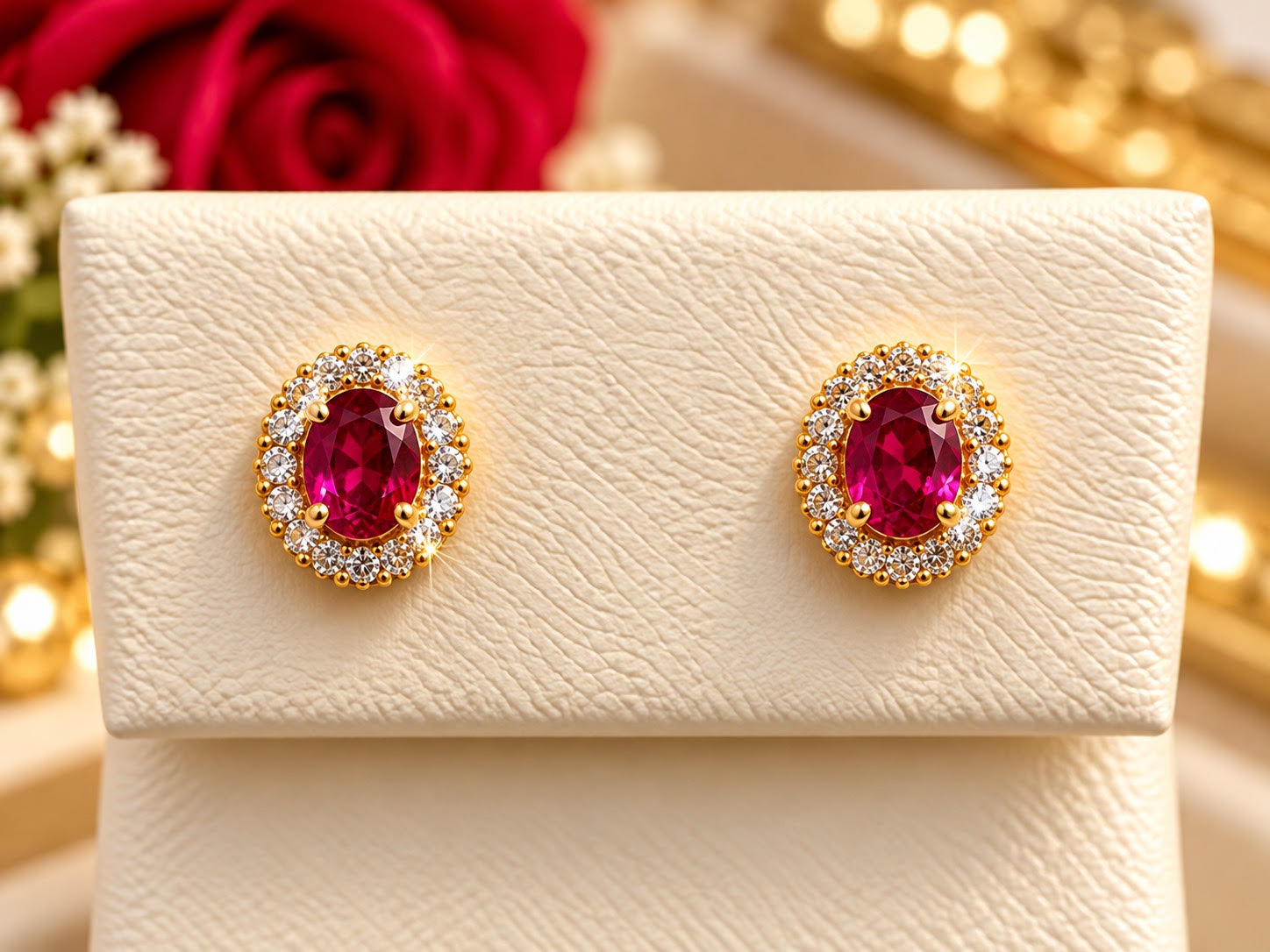 14K Yellow Gold Children Oval Ruby Halo Stud Earrings with Diamond Accents