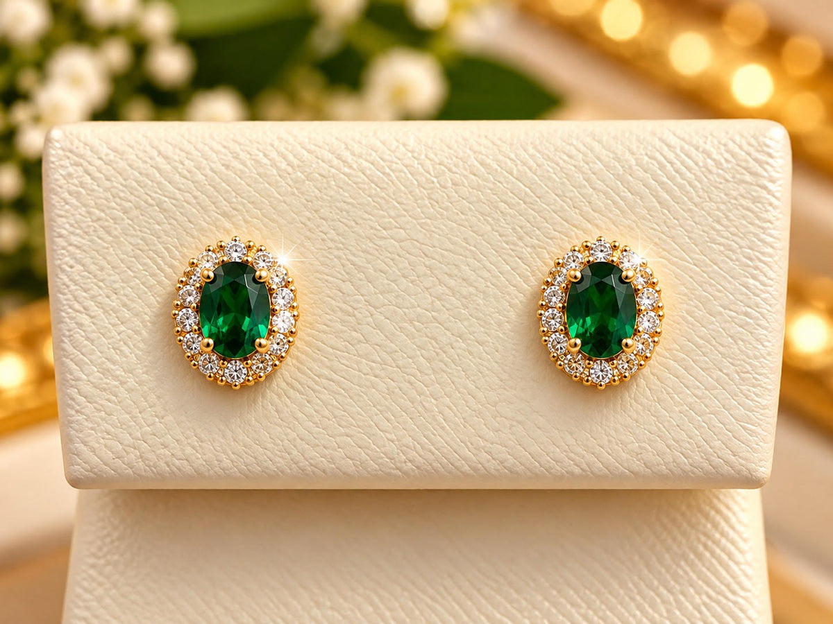 14K Yellow Gold Children  Emerald Oval Halo Stud Earrings with Diamond Accents
