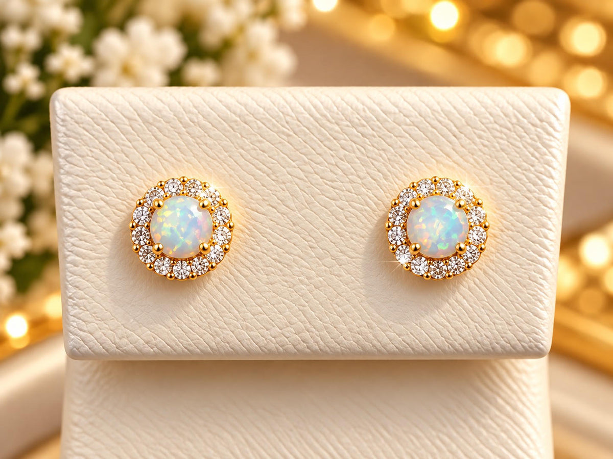 14K Yellow Gold Children Opal Halo Stud Earrings with Sparkling CZ Accents