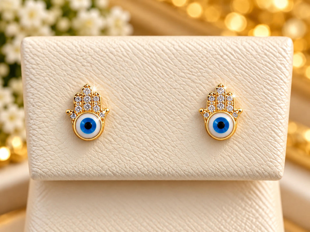14K Yellow Gold Children Hamsa Evil Eye Stud Earrings with CZ Accents