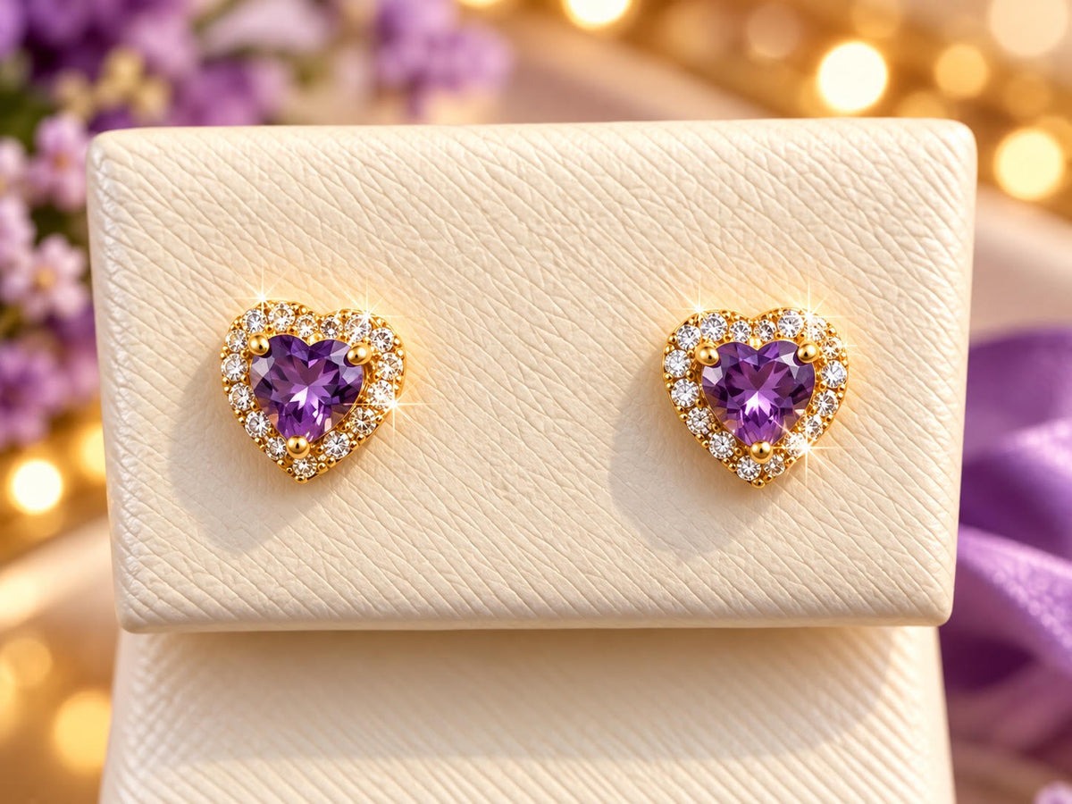 14K Yellow Gold Children Heart-Shaped Amethyst Earrings with Halo Accents