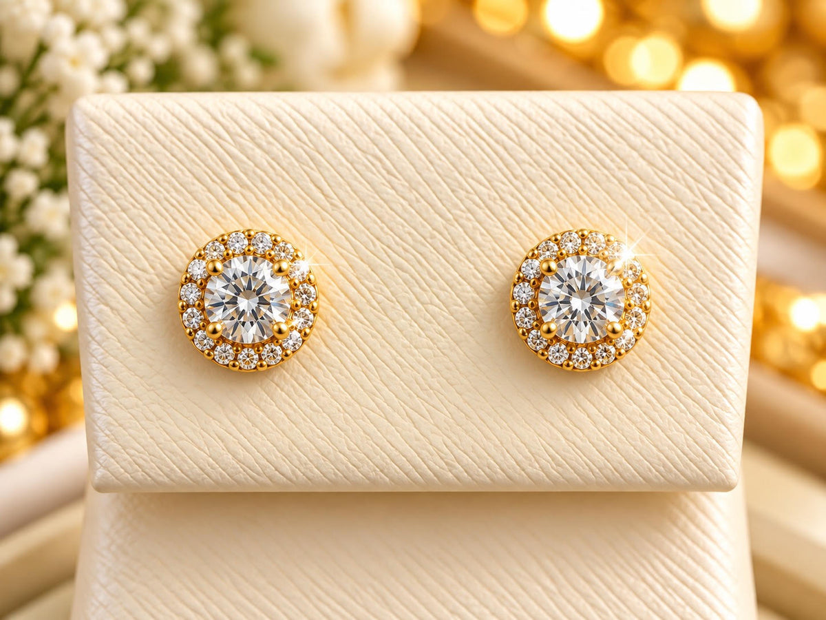 14K Yellow Gold Children Diamond Halo Stud Earrings – Brilliant Round-Cut Design