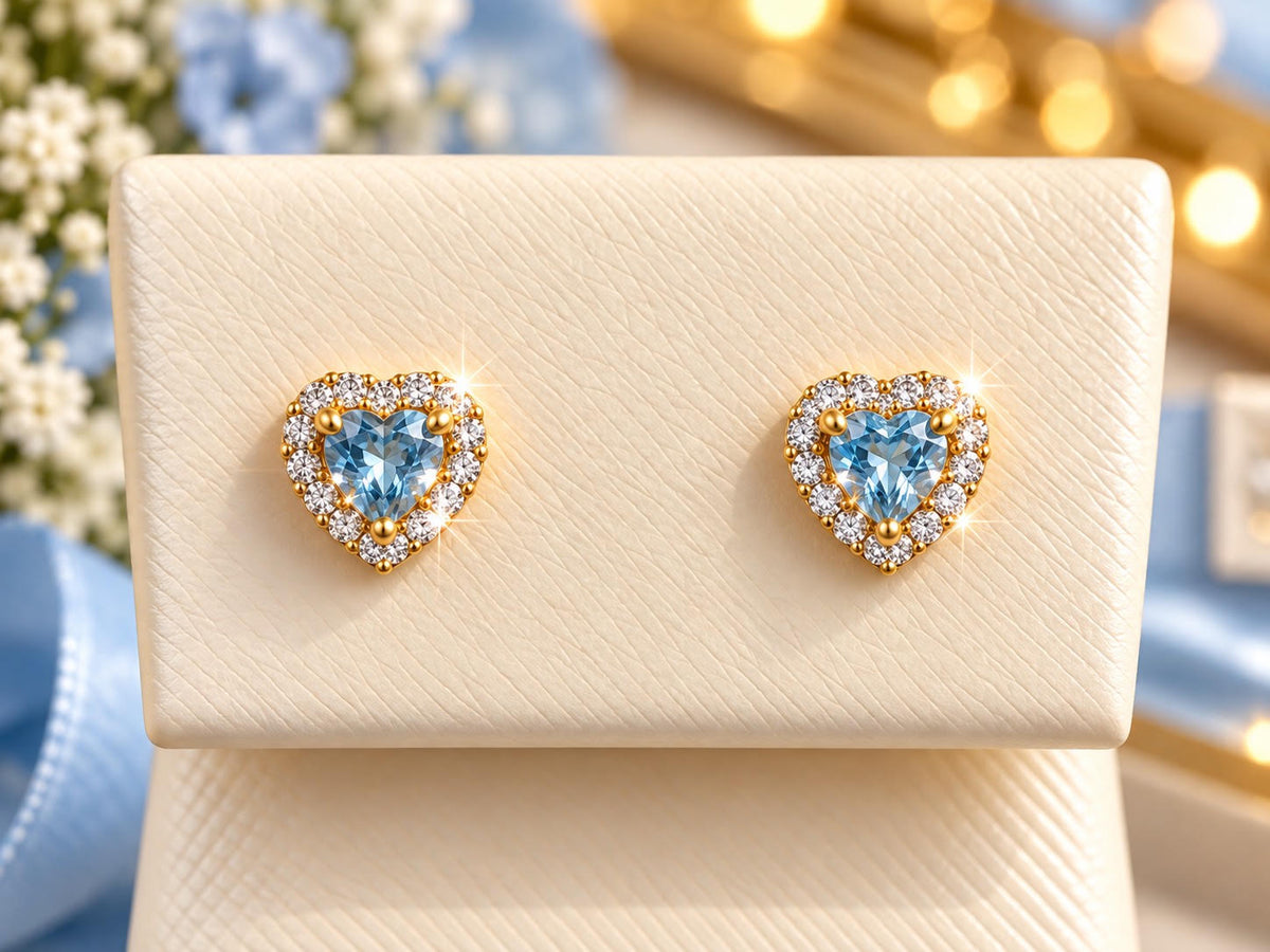 14K Yellow Gold Children Light Blue Heart Halo Stud Earrings