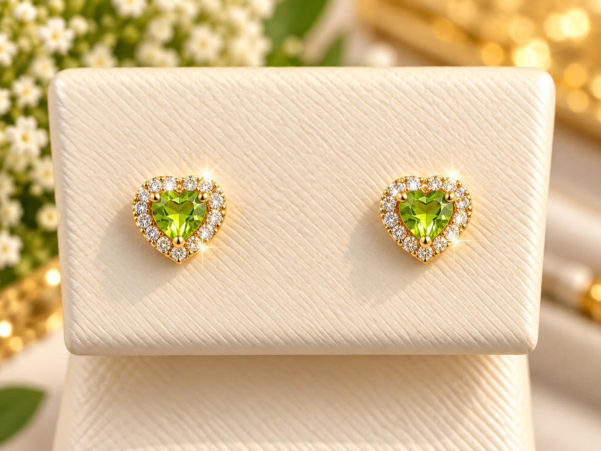 14K Yellow Gold Children Heart-Shaped Peridot &amp; Halo Stud Earrings