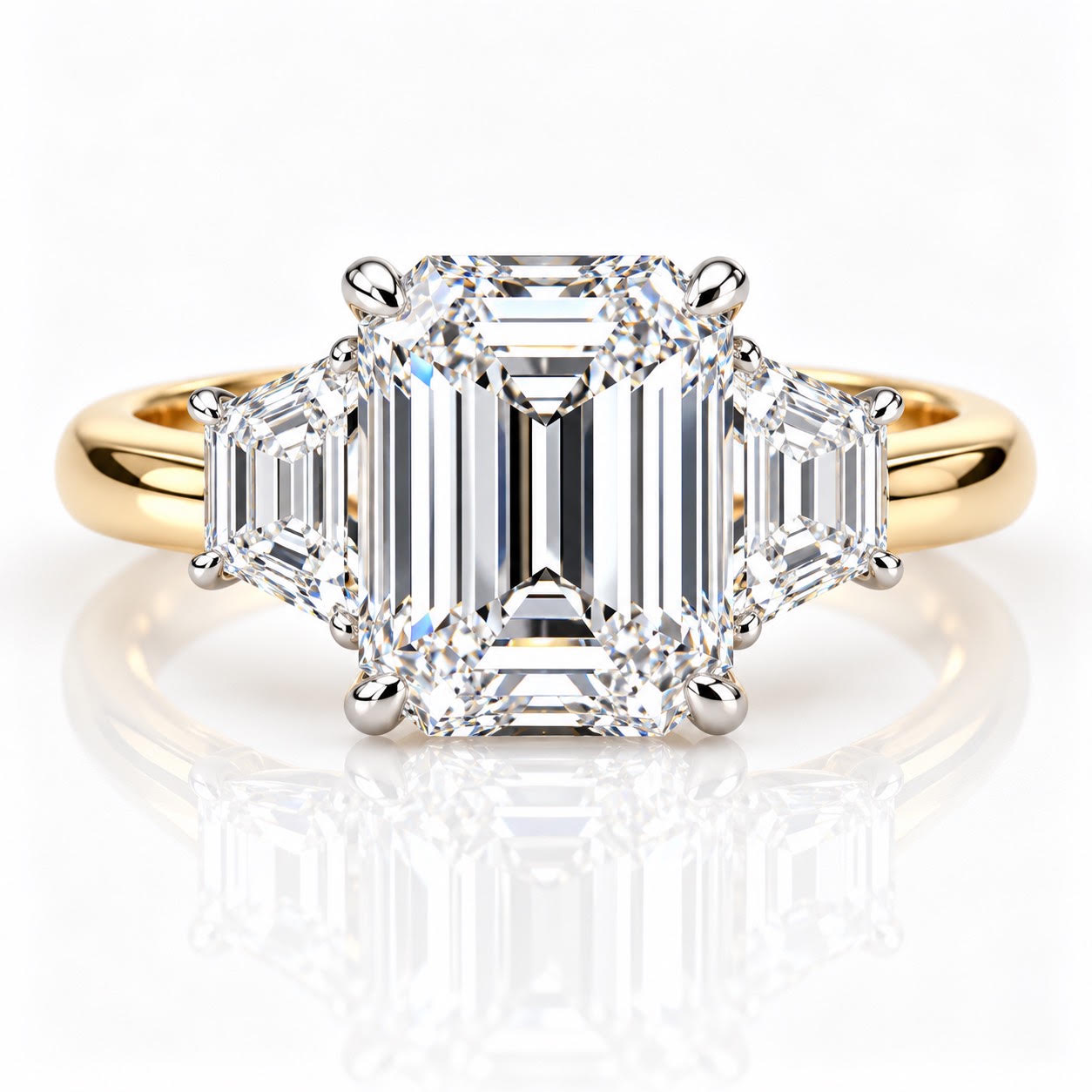 14K Yellow Gold Three stone Emerald Cut Lab Grown Diamond Ring. 3.76 CTW