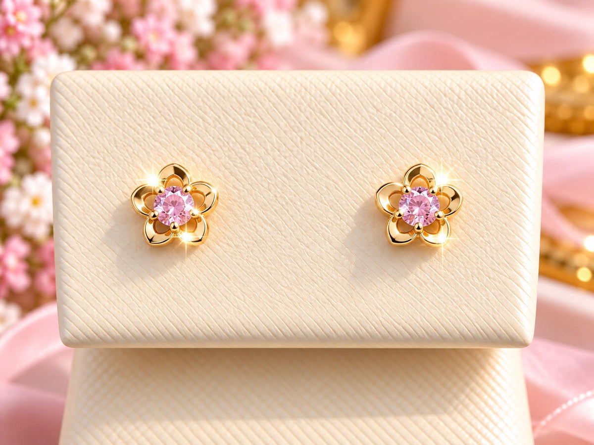 14K Yellow Gold Children Pink Gemstone Flower Stud Earrings with Screw Back Closures