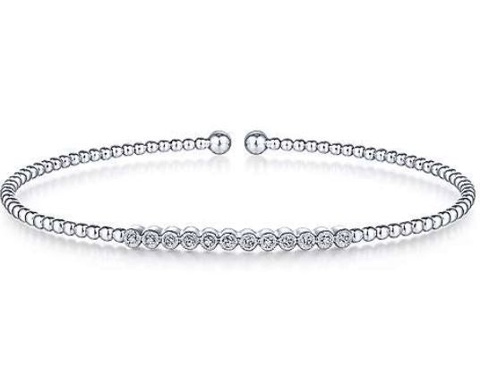 14K White Gold Bujukan Bead Cuff Bracelet with Bezel Set Diamond Stations