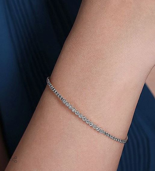14K White Gold Bujukan Bead Cuff Bracelet with Bezel Set Diamond Stations