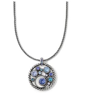 Collection: Halo  Color: Silver-Tanzanite  Closure: Lobster Claw  Length: 16" - 18" Adjustable  Pendant Drop: 1 1/4"  Material: Swarovski crystal  Finish: Silver plated