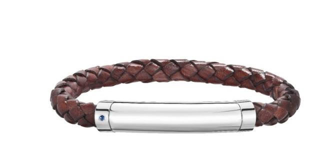 Sterling Silver Men&#39;s Leather Bar Bracelet With Blue Saphire