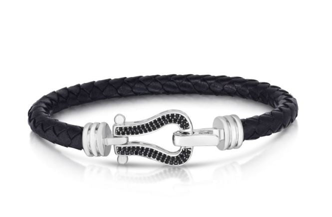 Sterling Silver Leather Black Diamond Buckle Bracelet