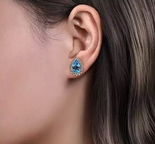 925 Sterling Silver Swiss Blue Topaz Bujukan Pear Shape Stud Earrings With Pattern