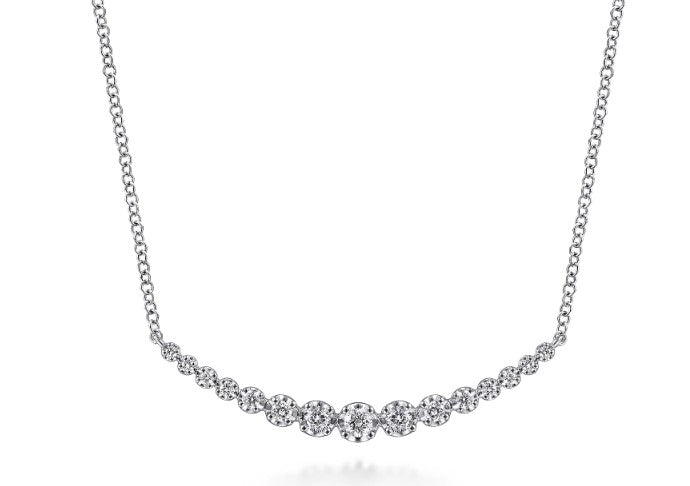 14K White Gold Buttercup Set Diamond Curved Bar Necklace