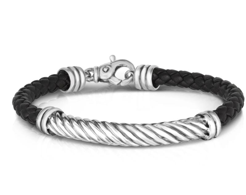 Sterling Silver Men&#39;s Twisted Cable Leather Bracelet