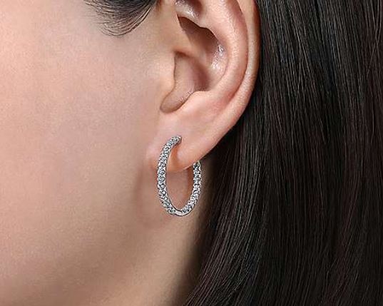 14K White Gold French Pavé 20mm Round Inside Out Diamond Hoop Earrings
