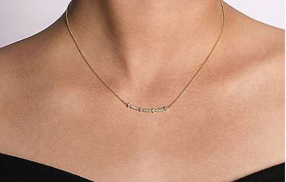 14K Yellow Gold Curved Geometric Diamond Bar Necklace
